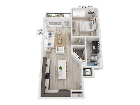 Floor plan for 1 bed, 1 bath, 789 sqft
